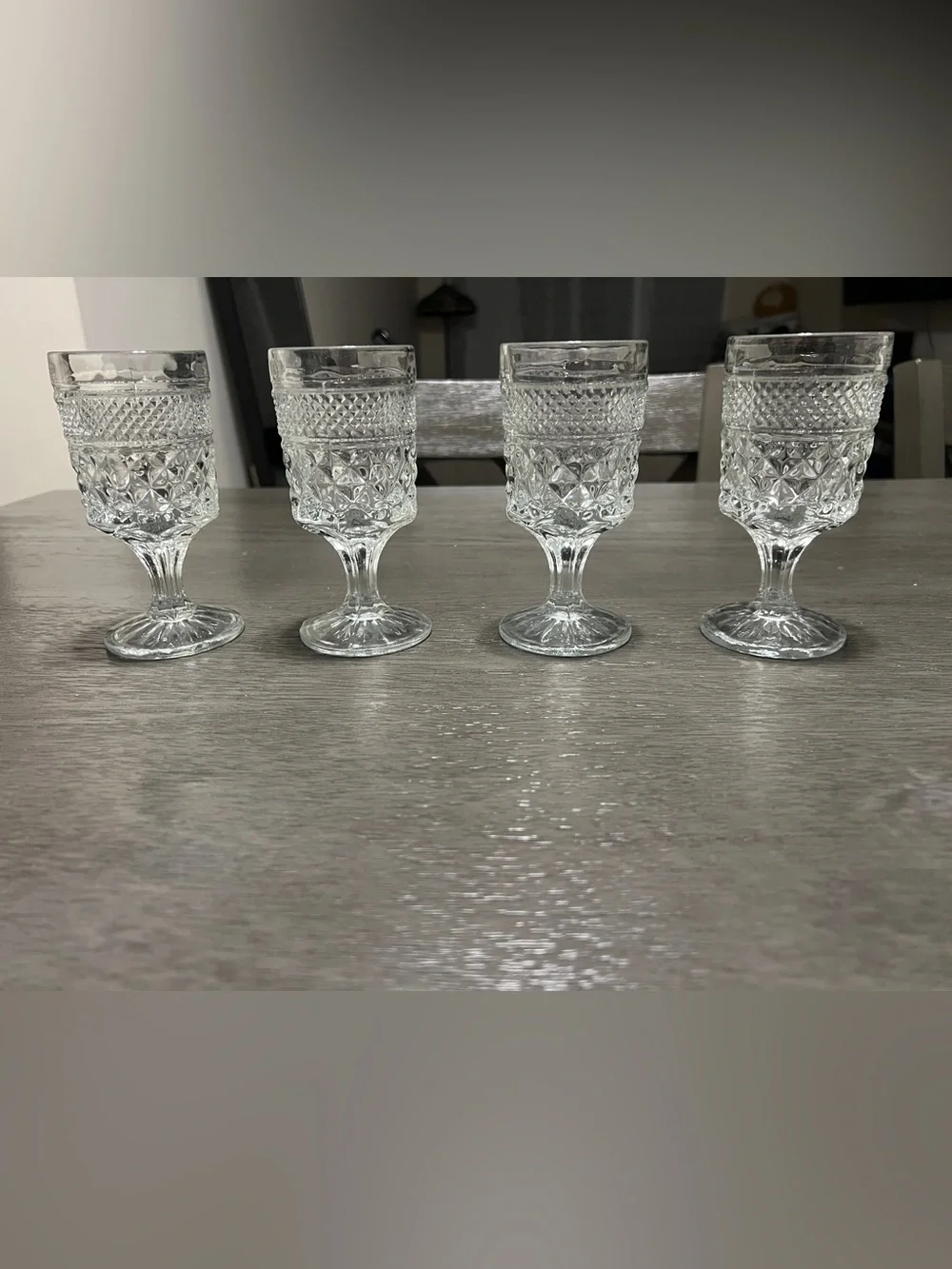 Set of 4 Vintage Clear Pressed Glass Mini Goblets – Diamond Pattern Stemware